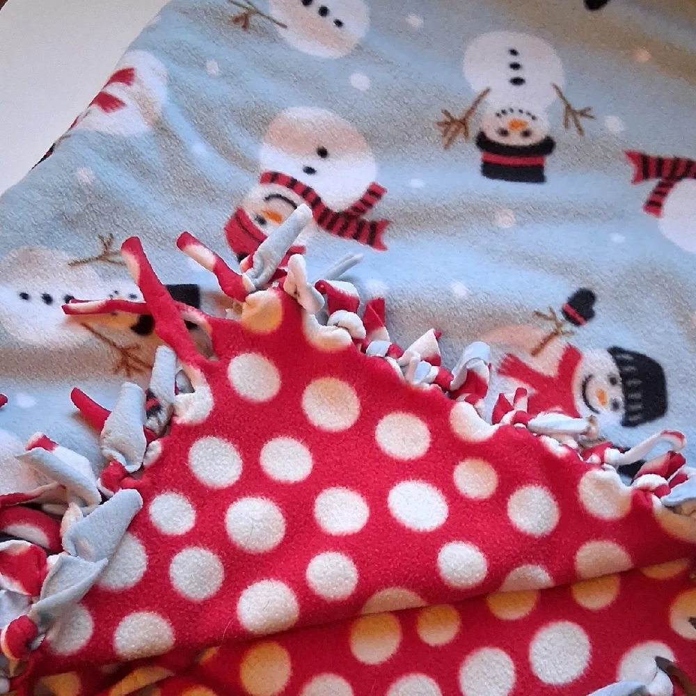 Snowman/polka dot reversable baby blanket/throw with Cut Fringe